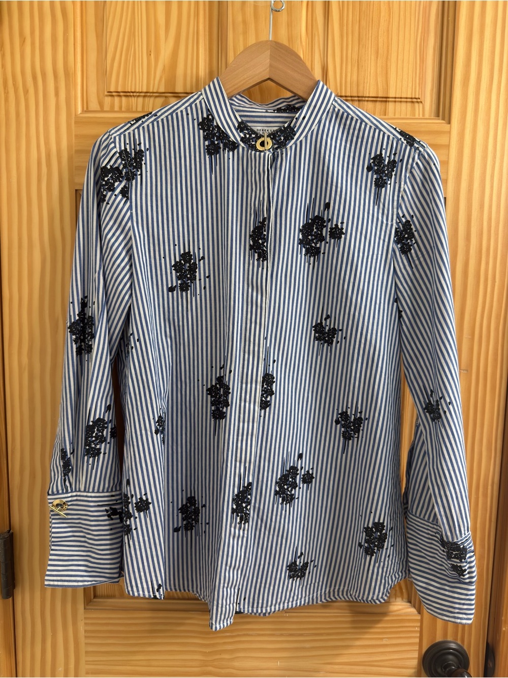 Derek Lam Blue and White Striped Button-Front Shirt with Black Embroidery